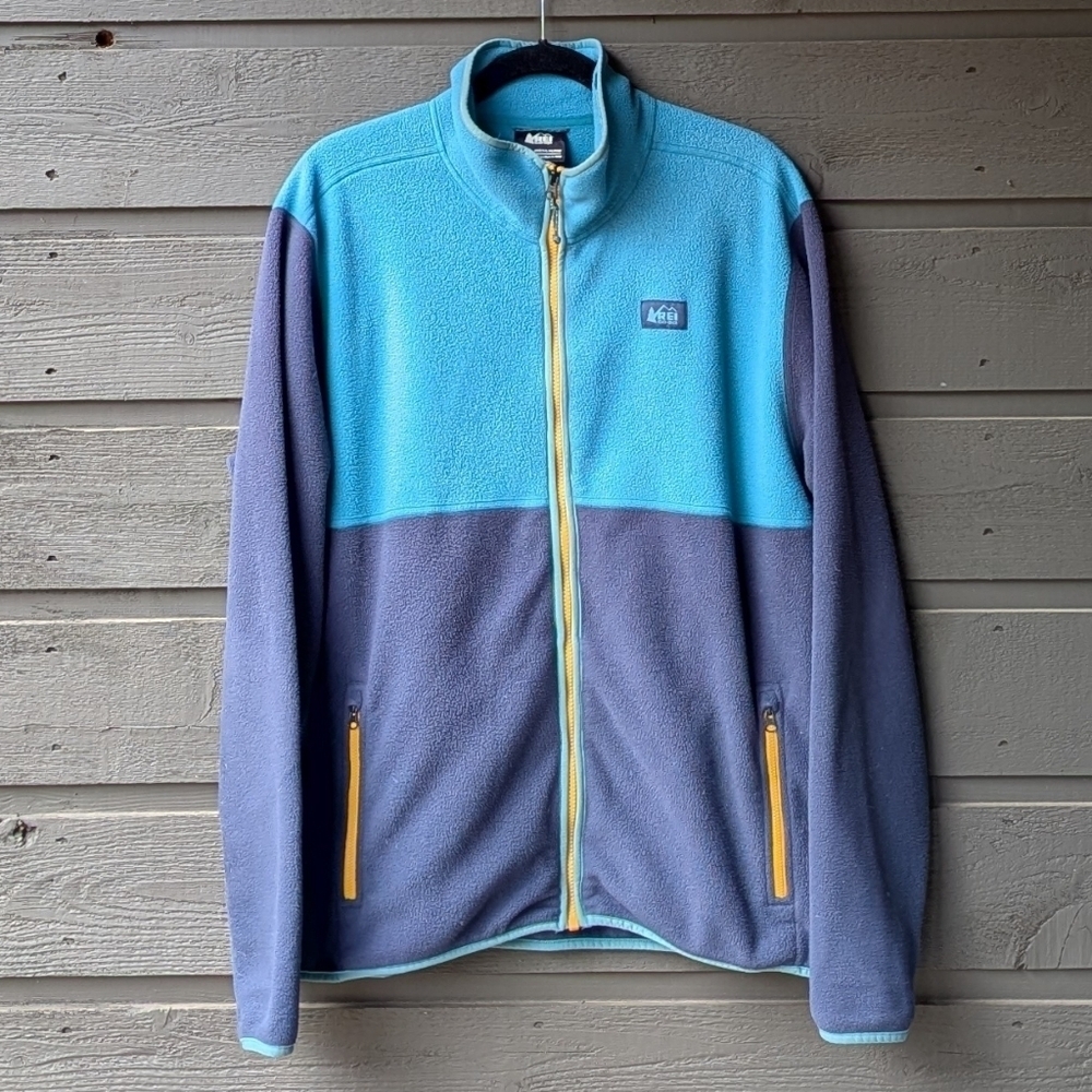 REI Trailmade Fleece Full Zip Jacket Men's Large Blue Teal Marigold Colorblock